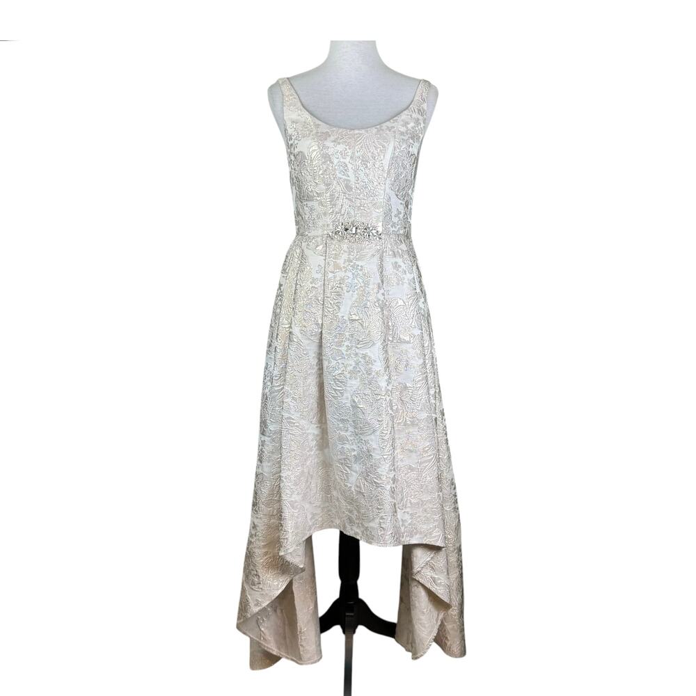 Betsy & Adam Silver Metallic Floral Jacquard Embellished High Low Wedding Gown